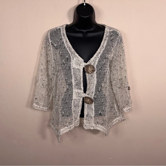 Small Nina Leonard Ivory Open Knit Top Beach Boho Bohemian Vneck Lightweight - Picture 15 of 15